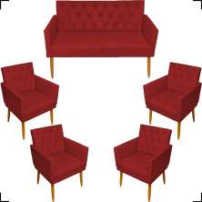 Kit Namoradeira + 4 Poltronas Decorativas Para Sala Nina Com Base E Capitonê Suede Bordô Pé Castanho - Clique E Decore