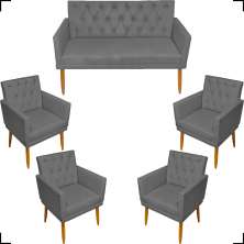 Kit Namoradeira + 4 Poltronas Decorativas Para Sala Nina Com Base E Capitonê Suede Cinza Pé Castanho - Clique E Decore
