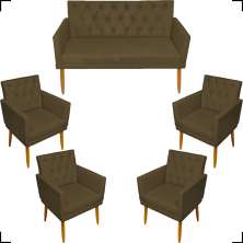 Kit Namoradeira + 4 Poltronas Decorativas Para Sala Nina Com Base E Capitonê Suede Marrom Pé Castanho - Clique E Decore