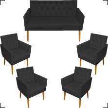 Kit Namoradeira + 4 Poltronas Decorativas Para Sala Nina Com Base E Capitonê Suede Preto Pé Castanho - Clique E Decore