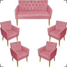 Kit Namoradeira + 4 Poltronas Decorativas Para Sala Nina Com Base E Capitonê Suede Rose Pé Castanho - Clique E Decore