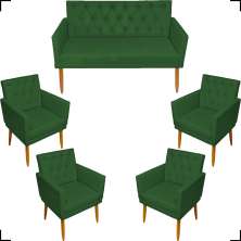 Kit Namoradeira + 4 Poltronas Decorativas Para Sala Nina Com Base E Capitonê Suede Verde Pé Castanho - Clique E Decore