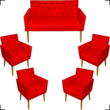 Kit Namoradeira + 4 Poltronas Decorativas Para Sala Nina Com Base E Capitonê Vermelho Pé Castanho - Clique E Decore