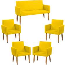 Kit Namoradeira + 4 Poltronas Decorativas Para Sala Nina Suede Amarelo Pé Castanho - Clique E Decore