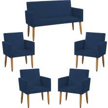 Kit Namoradeira + 4 Poltronas Decorativas Para Sala Nina Suede Azul Marinho Pé Castanho - Clique E Decore