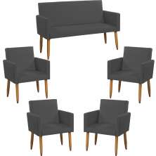 Kit Namoradeira + 4 Poltronas Decorativas Para Sala Nina Suede Cinza Pé Castanho - Clique E Decore