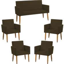 Kit Namoradeira + 4 Poltronas Decorativas Para Sala Nina Suede Marrom Pé Castanho - Clique E Decore