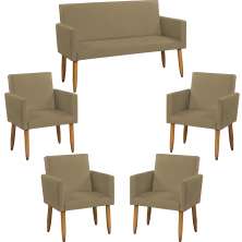 Kit Namoradeira + 4 Poltronas Decorativas Para Sala Nina Suede Nude Pé Castanho - Clique E Decore
