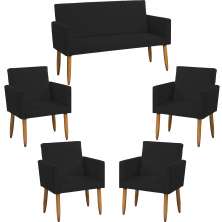 Kit Namoradeira + 4 Poltronas Decorativas Para Sala Nina Suede Preto Pé Castanho - Clique E Decore
