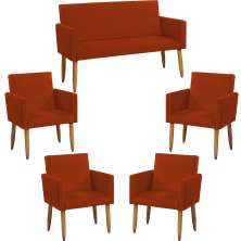 Kit Namoradeira + 4 Poltronas Decorativas Para Sala Nina Suede Terracota Pé Castanho - Clique E Decore