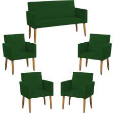 Kit Namoradeira + 4 Poltronas Decorativas Para Sala Nina Suede Verde Pé Castanho - Clique E Decore