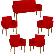 Kit Namoradeira + 4 Poltronas Decorativas Para Sala Nina Suede Vermelho Pé Castanho - Clique E Decore
