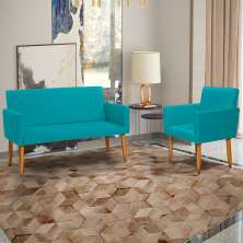 Kit Namoradeira + Poltrona Para Sala Decorativa Nina Suede Azul Turquesa Pé Castanho