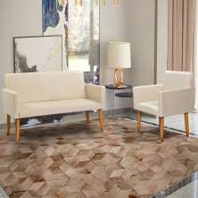 Kit Namoradeira + Poltrona Para Sala Decorativa Nina Suede Bege Pé Castanho