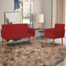 Kit Namoradeira + Poltrona Para Sala Decorativa Nina Suede Bordô Pé Castanho