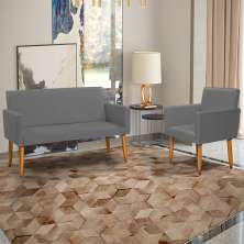 Kit Namoradeira + Poltrona Para Sala Decorativa Nina Suede Cinza Pé Castanho