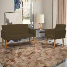 Kit Namoradeira + Poltrona Para Sala Decorativa Nina Suede Marrom Pé Castanho