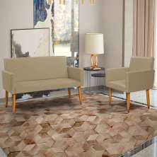 Kit Namoradeira + Poltrona Para Sala Decorativa Nina Suede Nude Pé Castanho