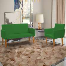 Kit Namoradeira + Poltrona Para Sala Decorativa Nina Suede Verde Pé Castanho