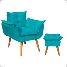 Kit Poltrona Alice Decorativa Para Sala Manicure Recepção e Puff Alice Para Quarto Penteadeira Suede Azul Turquesa