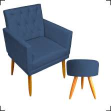 Kit Poltrona Decorativa Nina Com Base E Capitonê + Puff Redondo Suede Azul Marinho Pé Castanho - Clique E Decore