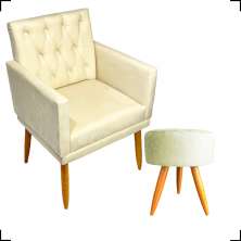 Kit Poltrona Decorativa Nina Com Base E Capitonê + Puff Redondo Suede Bege Pé Castanho - Clique E Decore