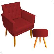 Kit Poltrona Decorativa Nina Com Base E Capitonê + Puff Redondo Suede Bordô Pé Castanho - Clique E Decore