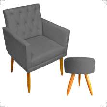 Kit Poltrona Decorativa Nina Com Base E Capitonê + Puff Redondo Suede Cinza Pé Castanho - Clique E Decore