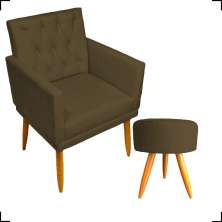 Kit Poltrona Decorativa Nina Com Base E Capitonê + Puff Redondo Suede Marrom Pé Castanho - Clique E Decore