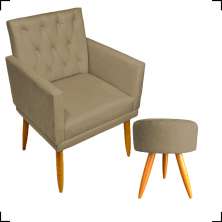 Kit Poltrona Decorativa Nina Com Base E Capitonê + Puff Redondo Suede Nude Pé Castanho - Clique E Decore