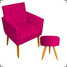 Kit Poltrona Decorativa Nina Com Base E Capitonê + Puff Redondo Suede Pink Pé Castanho - Clique E Decore