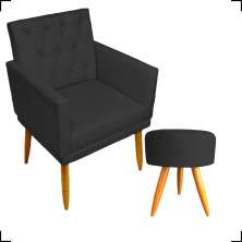 Kit Poltrona Decorativa Nina Com Base E Capitonê + Puff Redondo Suede Preto Pé Castanho - Clique E Decore