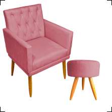 Kit Poltrona Decorativa Nina Com Base E Capitonê + Puff Redondo Suede Rosê Pé Castanho - Clique E Decore