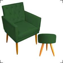Kit Poltrona Decorativa Nina Com Base E Capitonê + Puff Redondo Suede Verde Pé Castanho - Clique E Decore