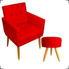 Kit Poltrona Decorativa Nina Com Base E Capitonê + Puff Redondo Suede Vermelho Pé Castanho - Clique E Decore