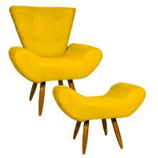 Kit Poltrona Decorativa Para Sala Emilia + Puff Emilia Suede Amarelo Pé Castanho - Clique E Decore
