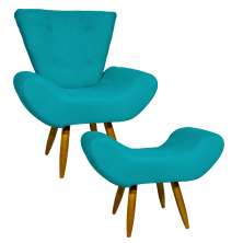 Kit Poltrona Decorativa Para Sala Emilia + Puff Emilia Suede Azul Turquesa Pé Castanho - Clique E Decore