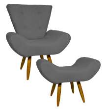 Kit Poltrona Decorativa Para Sala Emilia + Puff Emilia Suede Cinza Pé Castanho - Clique E Decore
