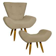 Kit Poltrona Decorativa Para Sala Emilia + Puff Emilia Suede Nude Pé Castanho - Clique E Decore