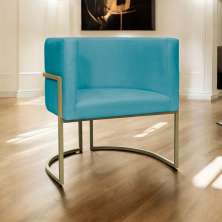 Poltrona Decorativa Luna Para Sala de Estar Escritório Recepção Suede Azul Turquesa Base de Ferro Champagne