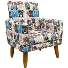 Poltrona Decorativa Nina Infantil Para Quarto Infantil Suede Estampa Gatos Pé Castanho