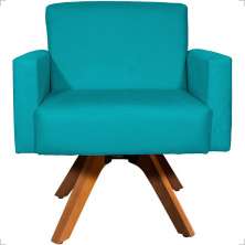 Poltrona Decorativa Para Sala Hope Base Giratória Suede Azul Turquesa Pé Castanho