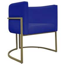 Poltrona Decorativa Para Sala Luna Reforçada Escritório Consultório Recepção Corino Azul Royal Base de Ferro Champagne