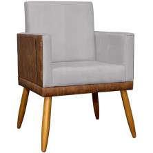 Poltrona Decorativa Para Sala Recepção Lis Corino Peroba e Linho Bege