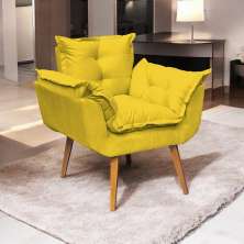 Poltrona Decorativa Para Sala Recepção Manicure Confortável Alice Suede Amarelo Pés Trapézio