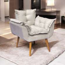 Poltrona Decorativa Para Sala Recepção Manicure Confortável Alice Suede Bege Pés Trapézio