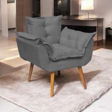Poltrona Decorativa Para Sala Recepção Manicure Confortável Alice Suede Cinza Pés Trapézio