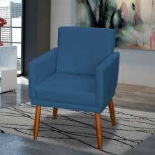 Poltrona Decorativa Para Sala, Escritório, Recepção Beatriz Com Base Suede Azul Marinho Pé Castanho - Clique E Decore