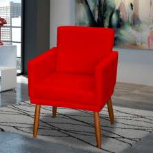 Poltrona Decorativa Para Sala, Escritório, Recepção Beatriz Com Base Suede Vermelho Pé Castanho - Clique E Decore