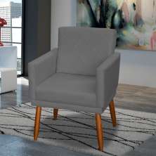 Poltrona Decorativa Para Sala, Escritório, Recepção Para Sala Decorativa Beatriz Com Base Suede Cinza Pé Castanho - Clique E Decore
